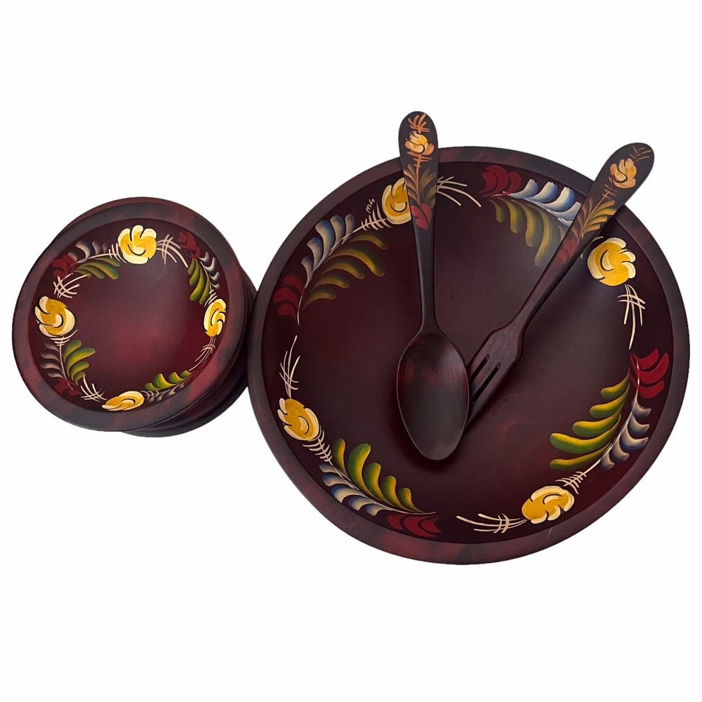 Vintage 7 Piece Set Woodcraftery‎ Bowls Pennsylvania Dutch Design Handpainted